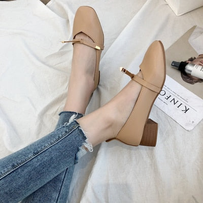 Breathable single shoes 2019 spring summer thick with casual work shoes Korean wild shallow mouth soft comfortable high heels