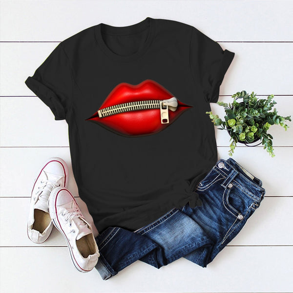 Fashion Women's Casual Sequins Red Lip T-Shirt Short Sleeve T-Shirts 2020 Vintage Creativity zipper Lips T-Shirt,drop ship