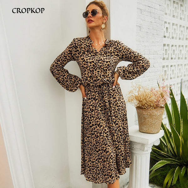 Leopard Midi Dress Women High Waist Long Sleeve Robe Femme Vintage Work Office Ladies Autumn Shirt Vestidos Cortos Fashion 2020