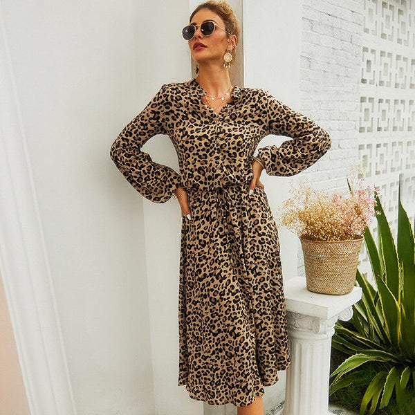Leopard Midi Dress Women High Waist Long Sleeve Robe Femme Vintage Work Office Ladies Autumn Shirt Vestidos Cortos Fashion 2020