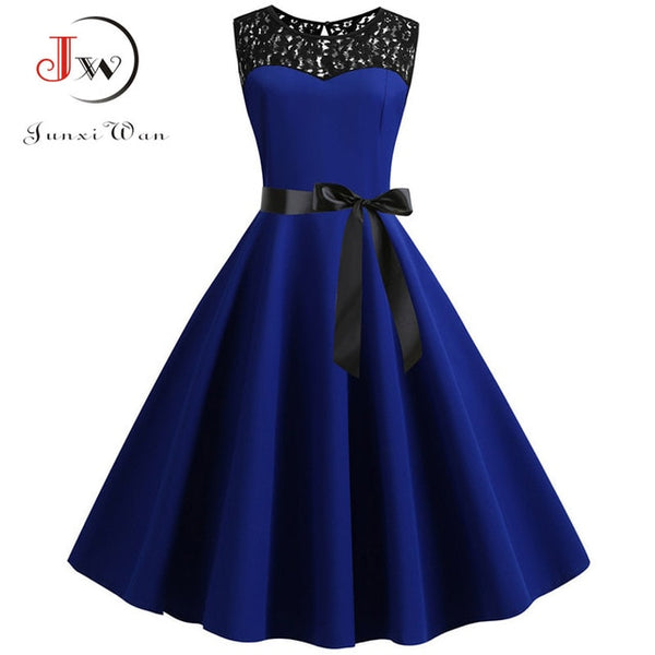 Blue Lace Patchwork Summer Dress Women Elegant Vintage Party Dress Casual Office Ladies Work Dress Plus Size