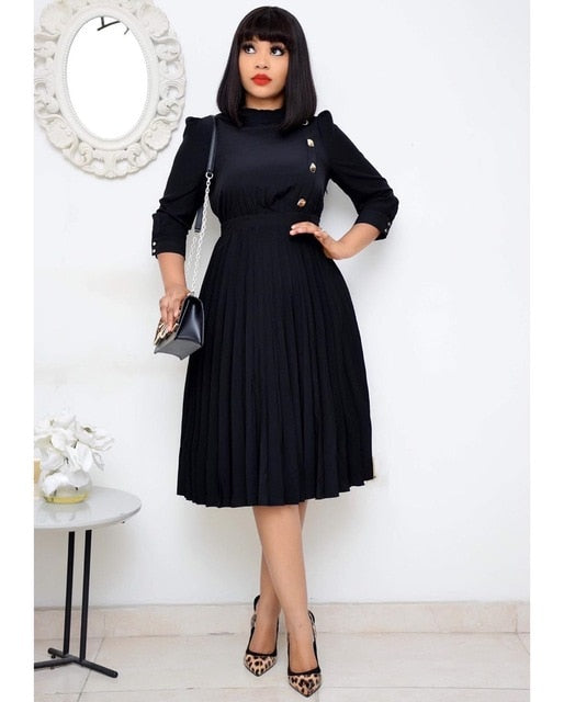 Women Pleated Dress High Waist with Button Modest Office Ladies Fashion Vestidos Elegant Classy Work Wear Knee Length Large Size