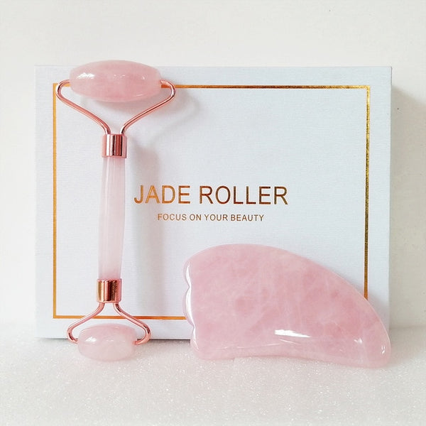 Natural Rose Quartz Roller Noiseless Slimming Face Lift Massager Jade Roller Facial Massage Stone Beauty Skincare Set For Women