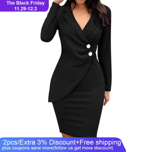 Autumn Dress Women Office Lady Sexy Solid Turn Down Neck Long Sleeve Buttons Bodycon Work Formal Dress Freeship Wholesale