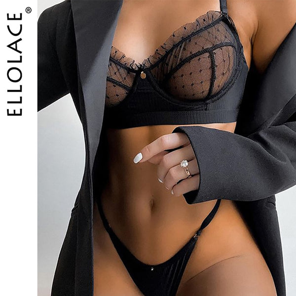 Ellolace Ruffle Lace Lingerie Set Sexy Women's Underwear Transparent Bra Party Sets Lace Black Lingerie Bra Set Underwear Set