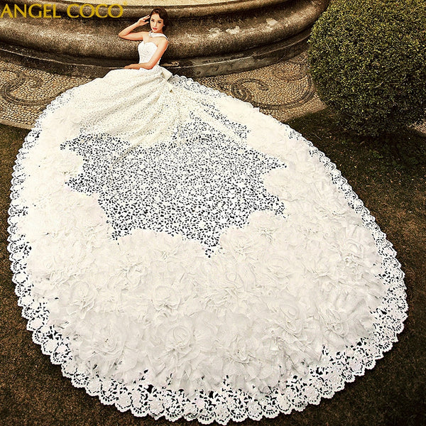 Royal Arabic Dubai Luxury Wedding Dress 2020 Off Shoulder Church Gowns Openwork Embroidery Handmade white bride wedding gowns