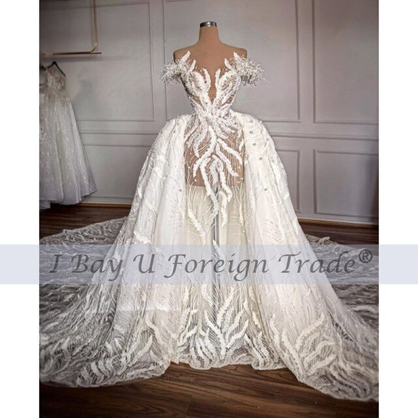 Luxury Pearl Beading Elegant Lace Wedding Dress Plus Size See Through Back Lace Mermaid Wedding Dresses With Detachable Train