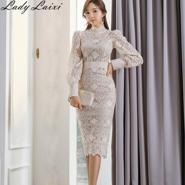 2020 Summer Elegant Slim Bodycon Lace Dress Women stand neck Long Sleeve Sexy Work Casual Party Dresses New OL Pencil Vestidos