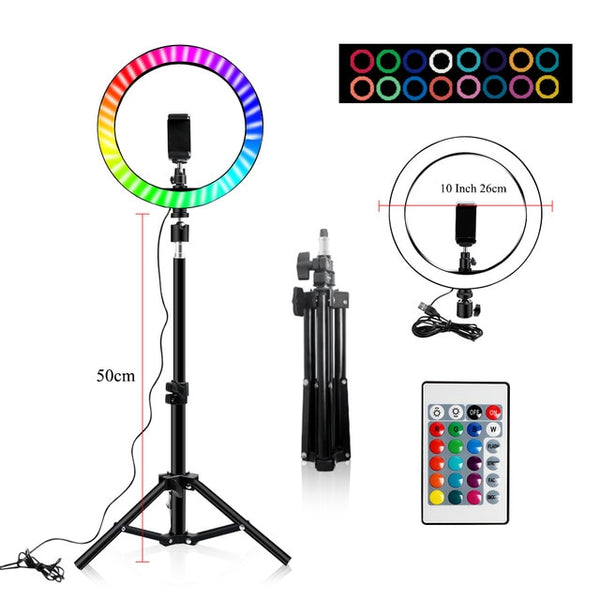RGB Colorful LED Ring Light 10 Inch 160CM Stand Rainbow Ringlight USB With Phone Stand 16 Light Colors For Live Broadcast Photo