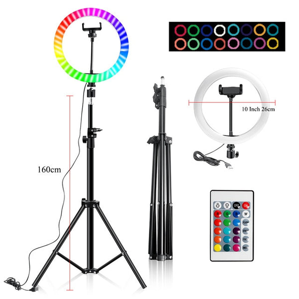 RGB Colorful LED Ring Light 10 Inch 160CM Stand Rainbow Ringlight USB With Phone Stand 16 Light Colors For Live Broadcast Photo