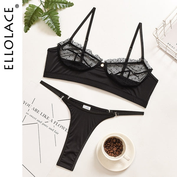 Ellolace Ruffle Lace Lingerie Set Sexy Women's Underwear Transparent Bra Party Sets Lace Black Lingerie Bra Set Underwear Set