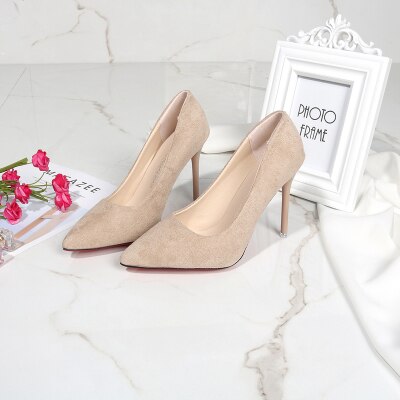 Fashion Women's Shoes Shallow Mouth Pointed Single Shoes Flock Career OL Work Shoes Thin Heel Nude Pumps Party Dress High Heels