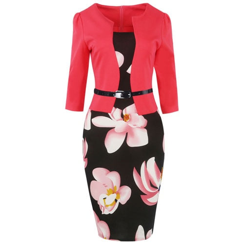 OTEN Women's Retro Polka Dot Office Bodycon Business Dress Floral Vintage Sheath Plus size Wear to Work Belt Jacket Dress 5XL