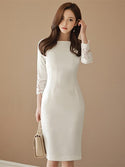Thick Warm Autumn Winter New Elegant Formal Party Dress Lace Sleeve White Slim Sheath Dress Office Lady Work Spring