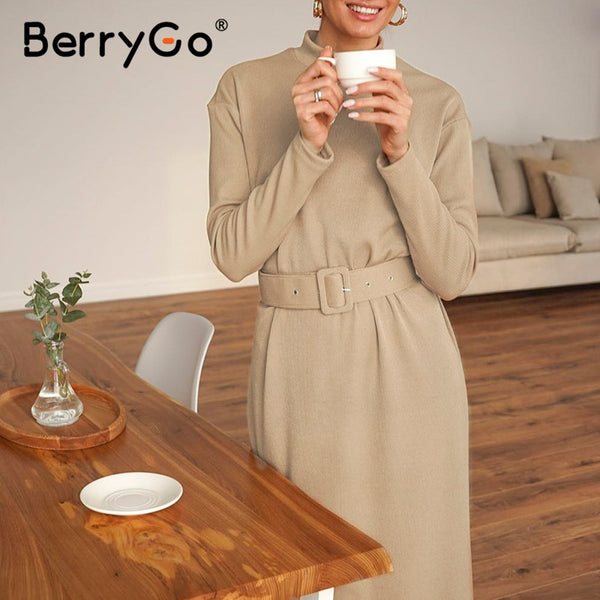 BerryGo Straight women solid warm dress Knitted long sleeve midi dress autumn Chic streetwear solid belt ladies work dress 2020