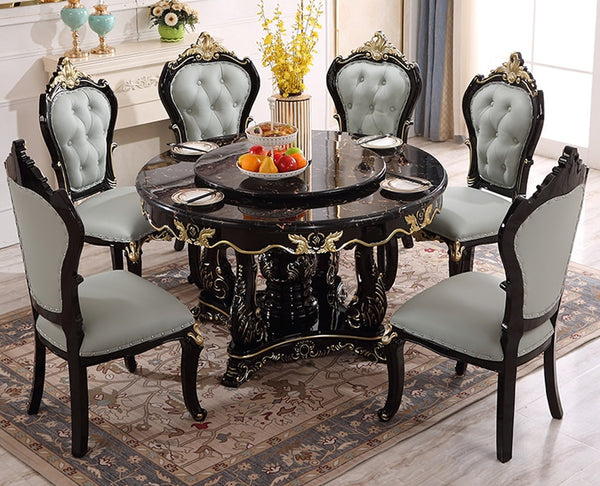 European-style all-solid wood dining table and chair combination luxury marble dining table big round villa household dining tab