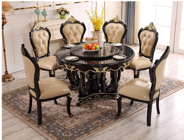 European-style all-solid wood dining table and chair combination luxury marble dining table big round villa household dining tab