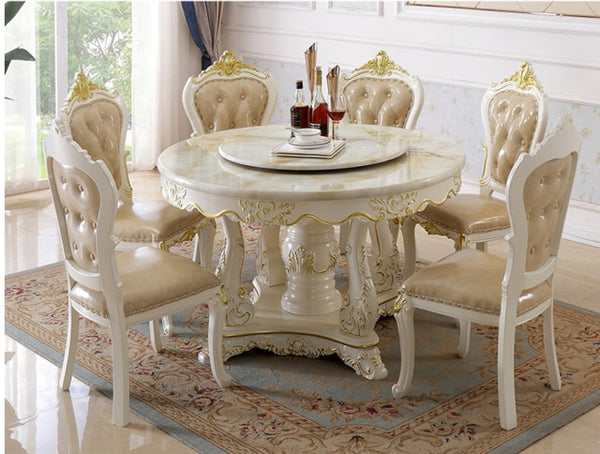 European-style all-solid wood dining table and chair combination luxury marble dining table big round villa household dining tab