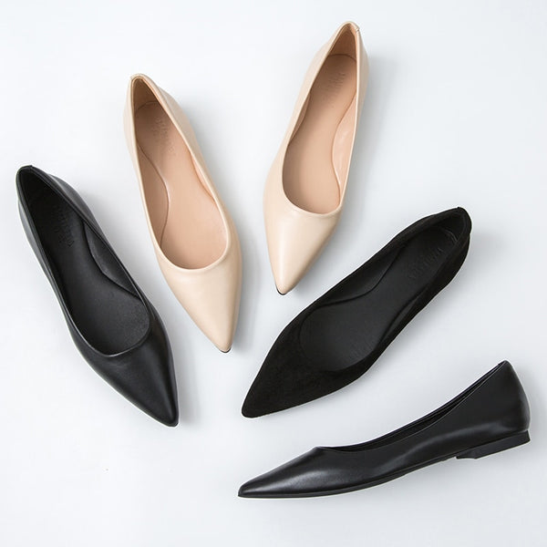 Women Leather Shoes Plus Large Size 42 43 44 Solid Color Basic Style All Match Black Working Shoes Flock Leather Pointed Toe