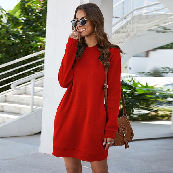 Leosoxs Autumn Winter O Neck Long Sleeve Women's Sweatshirt Dress 2020 New Fashion Solid Loose Pocket Ladies Mini Dress Vestidos