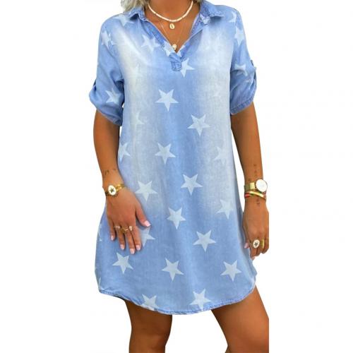 2020 New Summer Woman S=3XL Short Sleeve Dress Stars Print Irregular Hem Knee-length Denim Dresses Party Club Beach Street Work