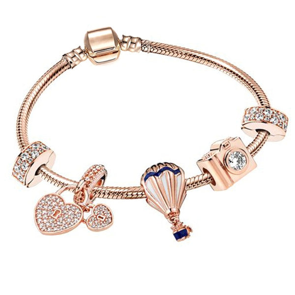 BRACE CO European Heart-shaped Pendant Charm Bracelet Fit Women's Jewellery Snake Chain Rose Gold Metal Fashion Fine Bracelets