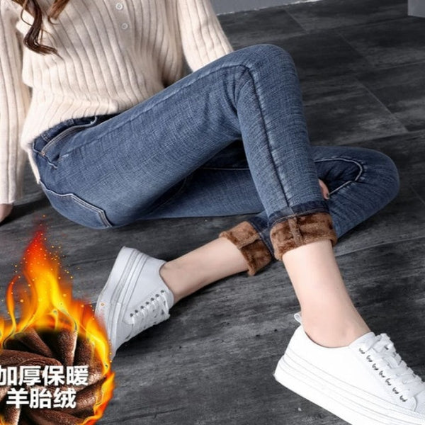 High Waist Velvet Thick Jeans Female Winter 2019 Skinny Stretch womens Warm Jeans womanPants Mom Black Denim Trousers plus size