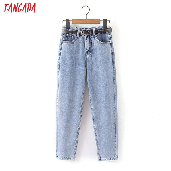 Tangada 2020 fashion women mom jeans pants with belt long trousers strethy waist pockets zipper female pants HY41