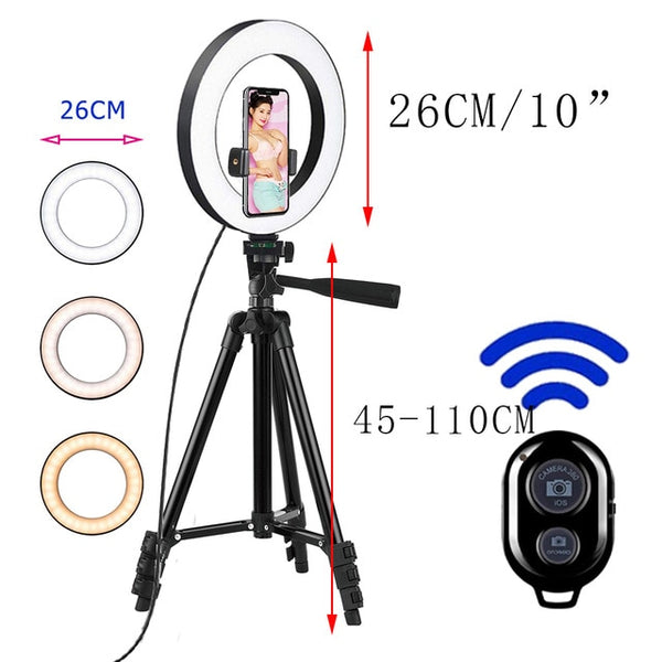 26cm Photo Ringlight Led Selfie Ring Light Phone Bluetooth Remote Lamp Photography Lighting Tripod Holder Youtube Video