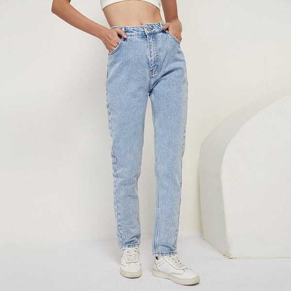 Aachoae 2020 Fashion 100% Cotton Mom Jeans Women High Waist Solid Pockets Cowboy Pants Zipper Fly Long Denim Pencil Trousers