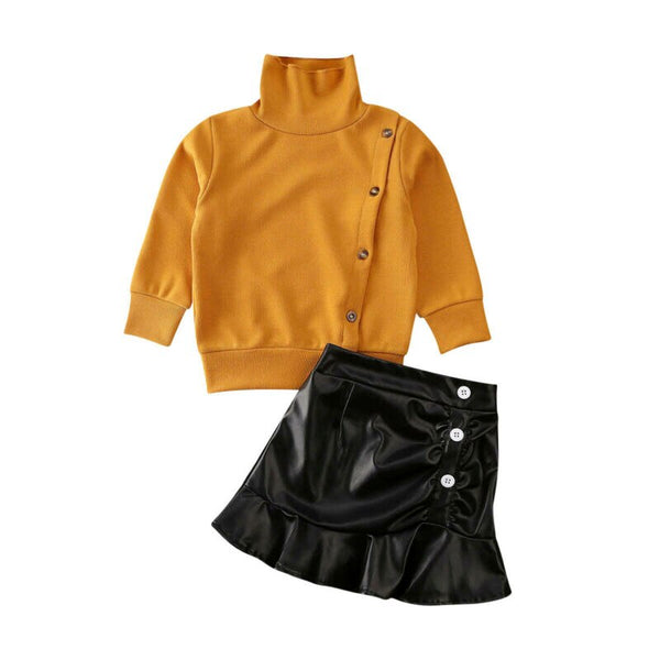 Girl Clothes 2019 Toddler Kids Baby Girls Outfits Orange Clothes Leather Skir Tops +Tutu PU Skirts 2pcs