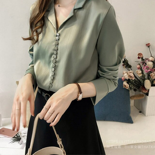 2020 new summer dress ladies tops solid color chiffon notched shirt long sleeve work clothes ladies