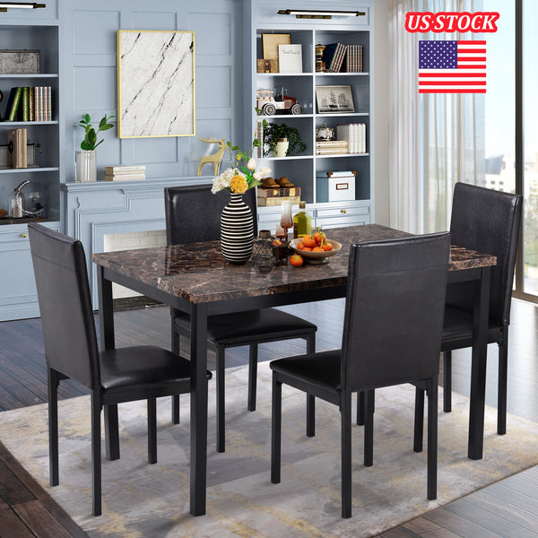 Black Dining Table and 4 Chairs Set with PU Leather Cushion Reinforced Metal Frame for Kitchen Dining Restaurant Bistro Bar