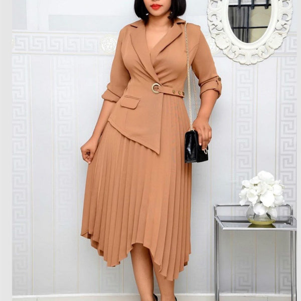 Women Elegant Dresses Blazer Pleated Irregular Length with Button Work Wear Office Ldies Modest Female Fashion Autumn New 2021