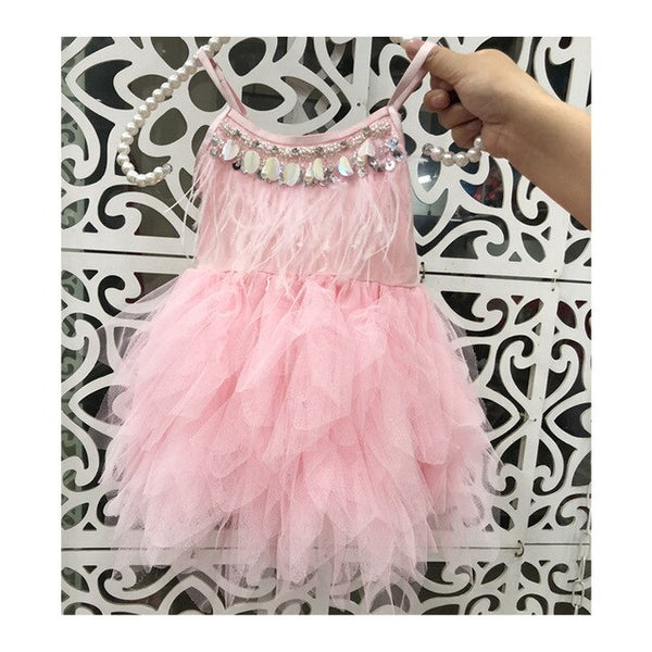 Vestido Girl Princess Tutu Dress Heavy Work Beaded 2019 Summer Feather Pleated Toddler Clothes Baby 1-7 Yrs GDR612