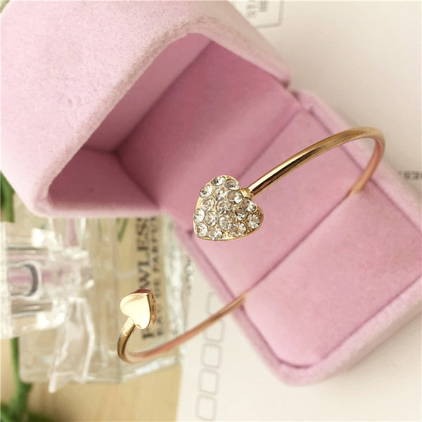 2020 Hot New Fashion Adjustable Crystal Double Heart Bow Bilezik Cuff Opening Bracelet For Women Jewelry Gift Mujer Pulseras 7g