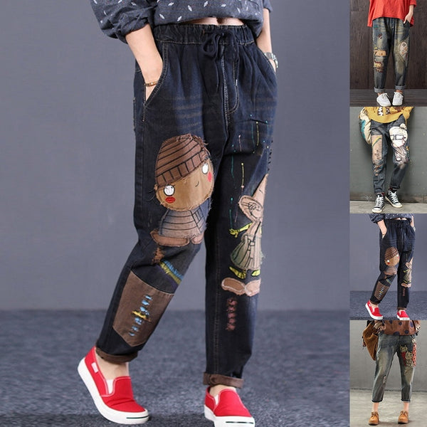 Floral Print Denim Pants High Waist Jeans  With Pockets Mom Jeans Straight Slim Summer Roupas Feminina Casual Pantalones