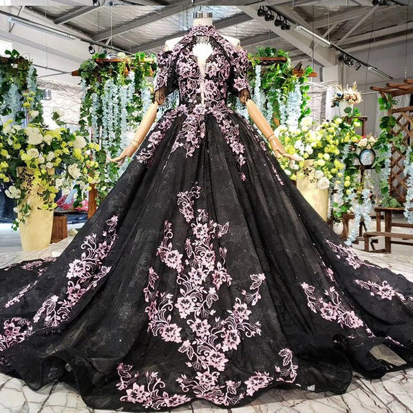 Black Pink Long Prom Dress Robe De Soiree Embroidery 3D Flowers Vestidos Quinceanera Dresses Ball Gown Formal Evening Gala Dress