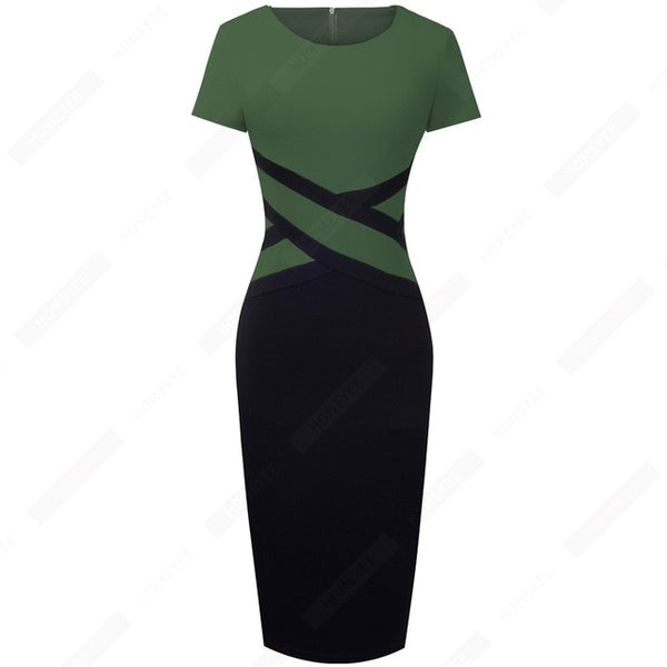 Women Patchwork Contrast Casual Business Office Lady Work Elegant Three Quarter and short Sleeve Bodycon Dress EB463