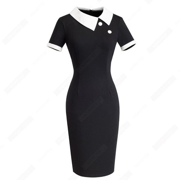 Women Elegant Black Contrast Patchwork Work Office Business Sheath Vintage Button Turn-down Collar Pencil Dress EB506