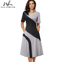 Nice-forever Spring Retro Contrast Color Patchwork A-line Dresses Business Work Flare Swing Women Dress A239
