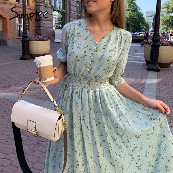 Simplee Women floral print dress Elegant women puff sleeve a line v neck sash dress High waist work wear office lady dress 2020