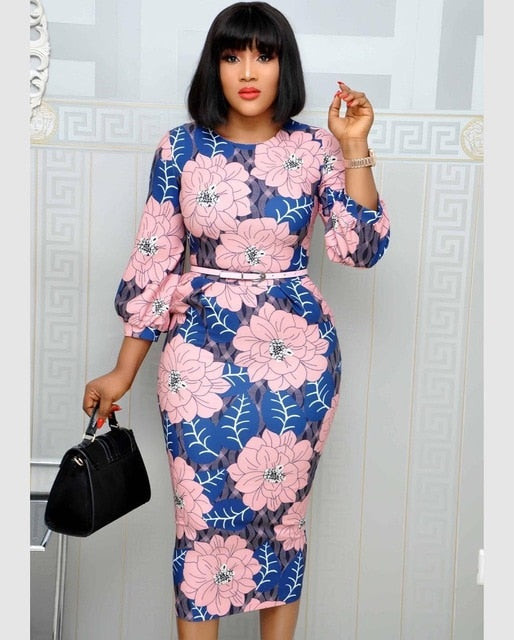 Women Bodycon Printed Dress Three Quarter Sleeves Midi Office Ladies Work Wear Elegant Classy Vestidos African Female Plus Size