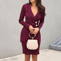 Autumn Dress Women Office Lady Sexy Solid Turn Down Neck Long Sleeve Buttons Bodycon Work Formal Dress Freeship Wholesale