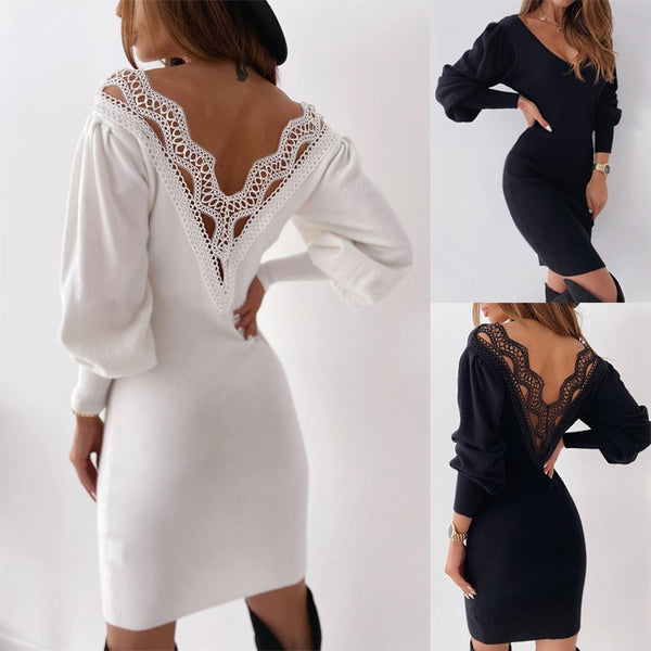 White Lace Patchwork Backless Slim Sexy Dresses Women Autumn Black Ruff Sleeve O-neck Winter Work Dress 2020 New Arrivals Woman