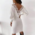 White Lace Patchwork Backless Slim Sexy Dresses Women Autumn Black Ruff Sleeve O-neck Winter Work Dress 2020 New Arrivals Woman