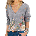 Snake YX Women's Clothing Autumn and Winter New Fashion Women's V-neck Flower Print Long-sleeved Casual Loose T-shirt Plus Size