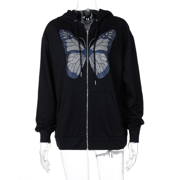 ALLNeon Y2K Fashion Oversized Butterfly Graphic Rhinestone Zip Up Hoodies E-girl 90s Streetwear Diamond Grey Long Jacket Autumn