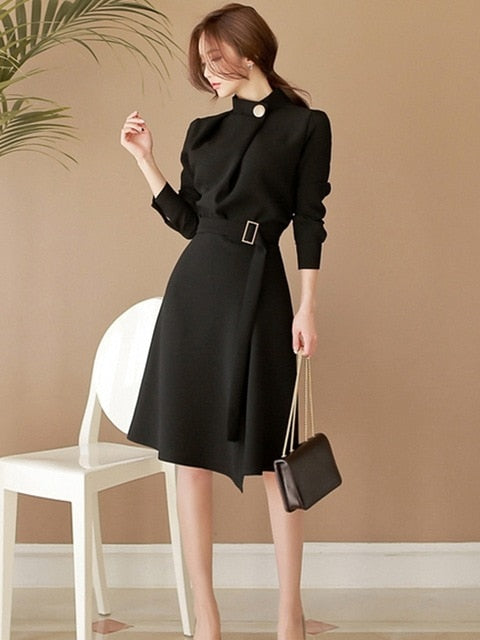 New Arrival Autumn Women Elegant Button Stand neck Belted Long Sleeve Work Business Party black wine red Split Dress Vestidos