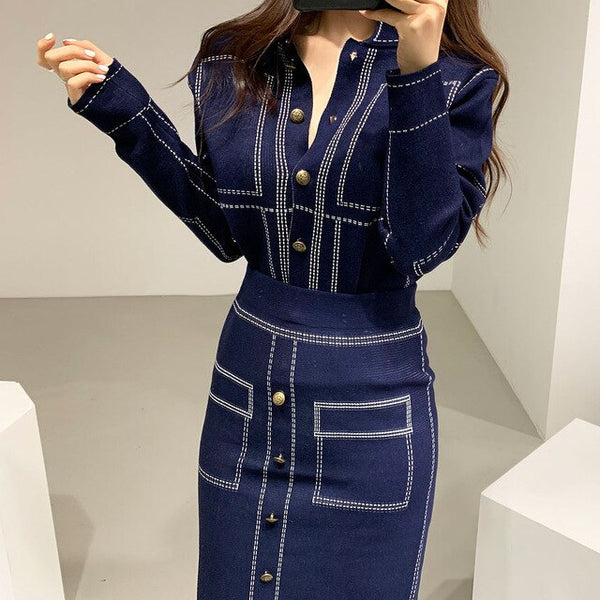 Denim Print Hip Skirt And Top Two Piece Set Long Sleeve Knitted Cardigan Women Korean Style Autumn Chic Office Lady Female Skir